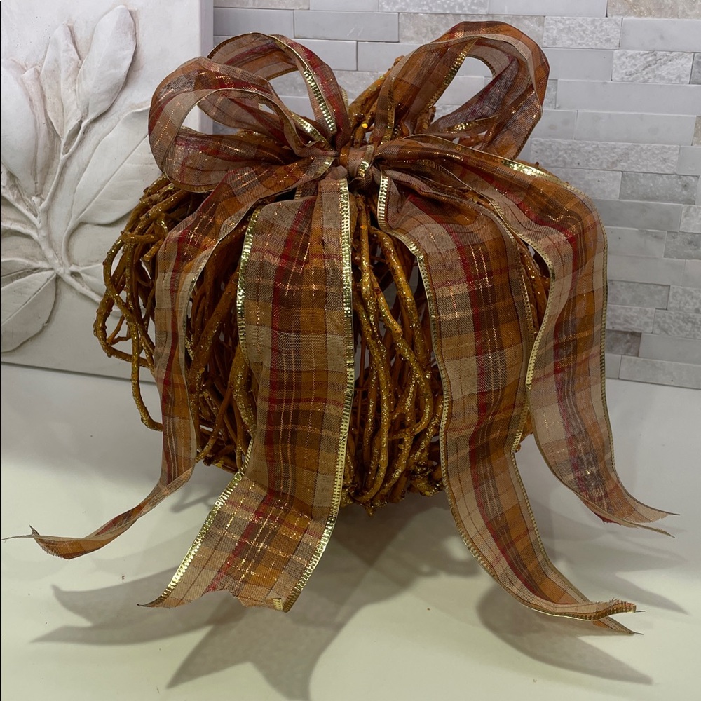Twig Pumpkin Sparkly Farmhouse Rustic Orange Plaid Bow Large